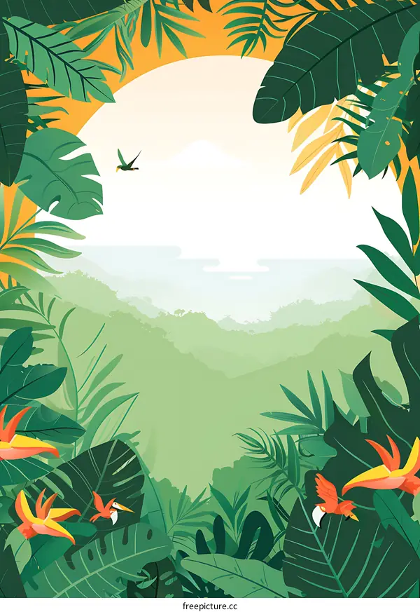 Tropical Rainforest with Birds Flying Over Lush Greenery