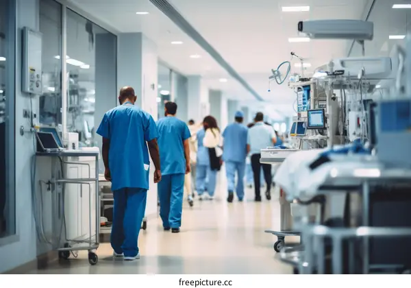 A Diverse Group of Doctors and Nurses Walk Through a Busy Hospital