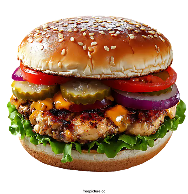 [Transparent Background PNG]Close Up Delicious Grilled Chicken Burger