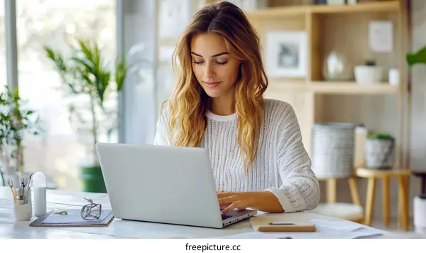 Woman Working on Laptop in Cozy Home Office