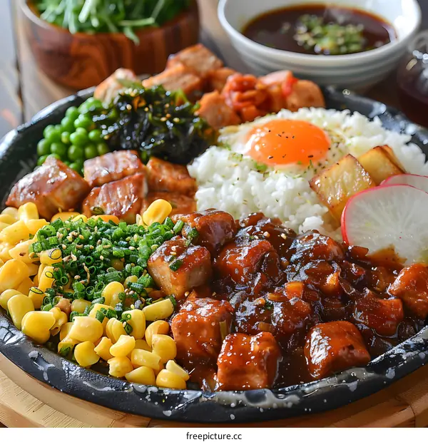 A delicious Japanese dish with pork, rice, and vegetables