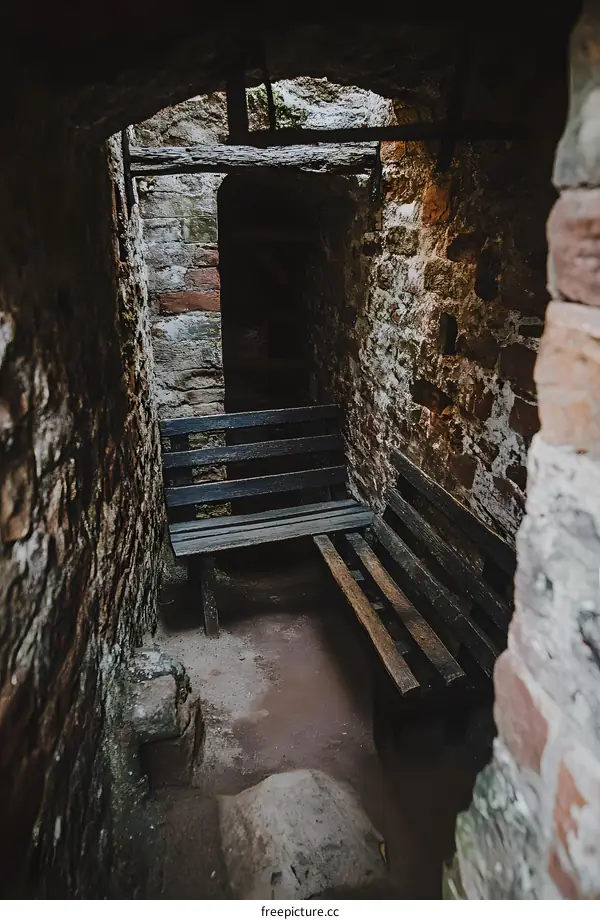 Old Wooden Benches Inside A Brick Tunnel