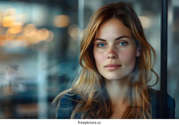 Portrait of a Young Woman with Blonde Hair and Blue Eyes Looking Through Glass