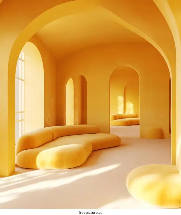 Yellow Minimalist Interior Design with Arches and Curved Sofa