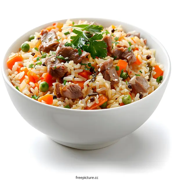 Bowl of rice with meat and vegetables