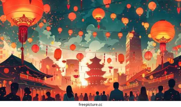 Vibrant Chinese New Year Street Scene with Lanterns and Festive Crowd