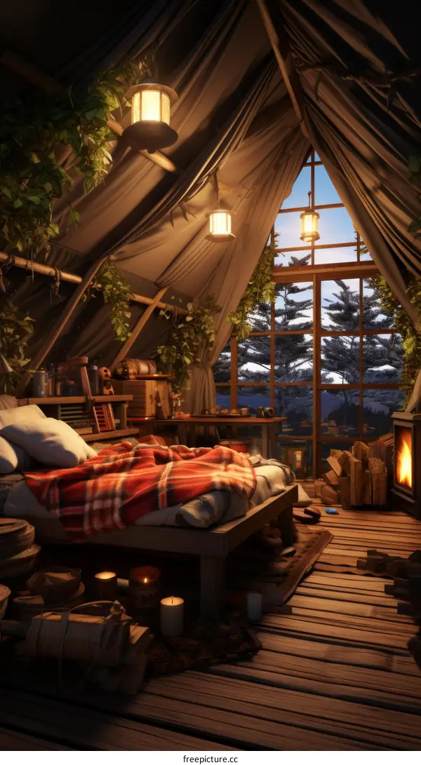 Cozy cabin in the woods with a fireplace, bed, and candles