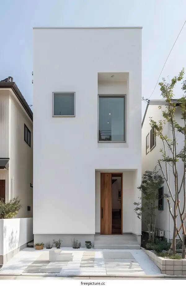 Modern White House Exterior With Wooden Door