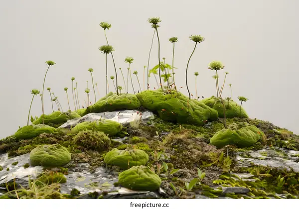Green Moss Covered Rocks With Tall Plants