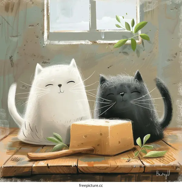 Two cats and a cheese on the table