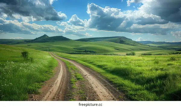 Countryside Dirt Road Through Green Grassy Hills Landscape