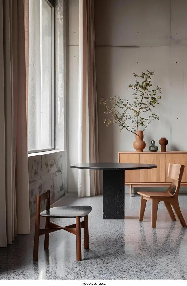 Modern Minimalist Interior Design with Wooden Chairs and a Black Round Table