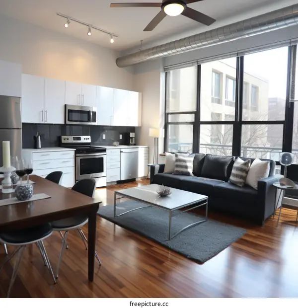 A modern living room with a dining table and a sofa