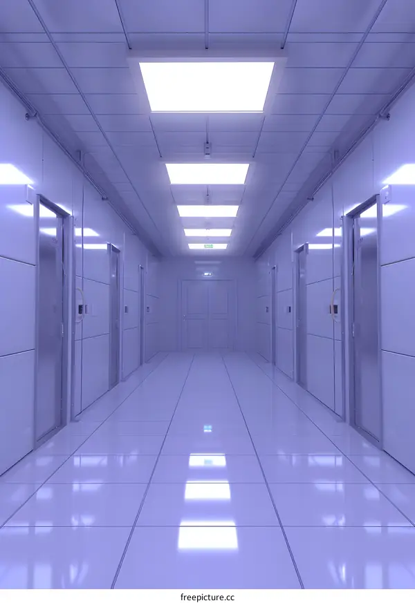 Sterile Corridor with White Doors and Ceiling Lights