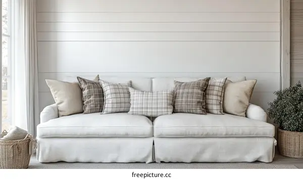 Modern Farmhouse Living Room Sofa with Plaid Throw Pillows
