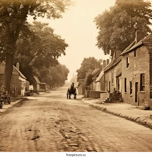 A horse-drawn carriage rides down a cobblestone street in a rural village circa 1900