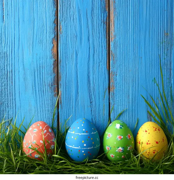 Colorful Easter Eggs on a Blue Wooden Background