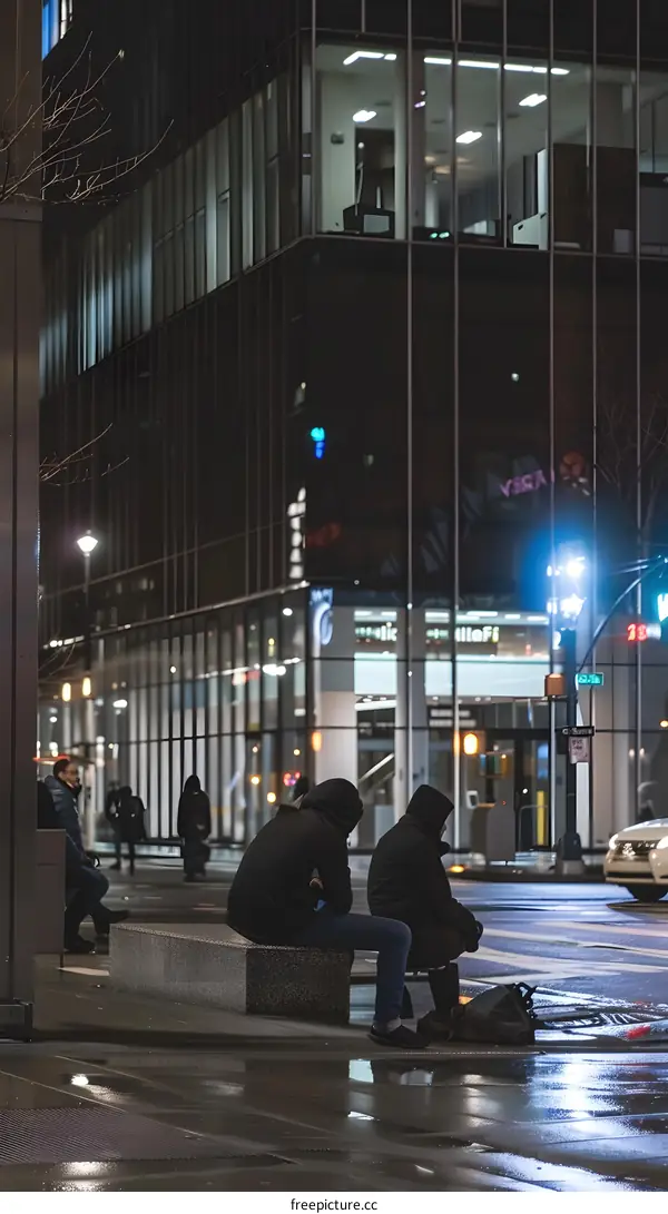 Two Men Sitting On A Bench In Front Of A Glass Building At Night