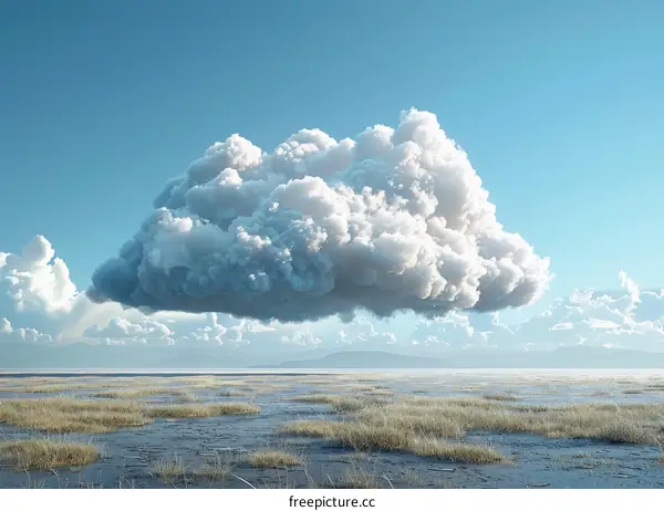 Fluffy White Cloud Floating Over Grassy Plain