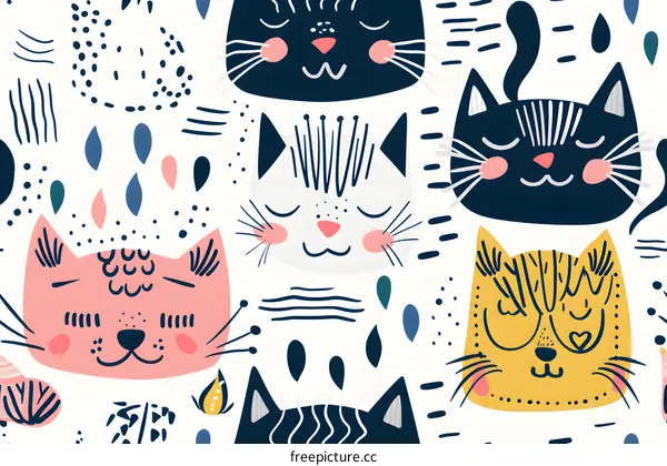 Cute Cartoon Cat Seamless Pattern Illustration