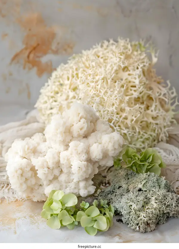 White Coral and Green Plants on a Light Background