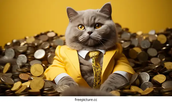 A gray cat wearing a suit and tie is sitting on a pile of money