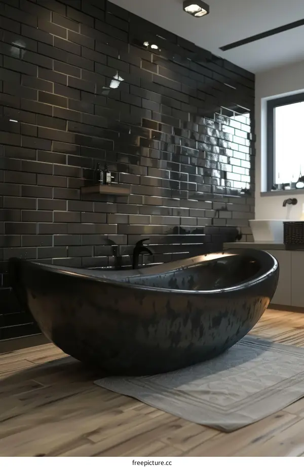 Modern Dark Bathroom Bathtub with Black Tiles