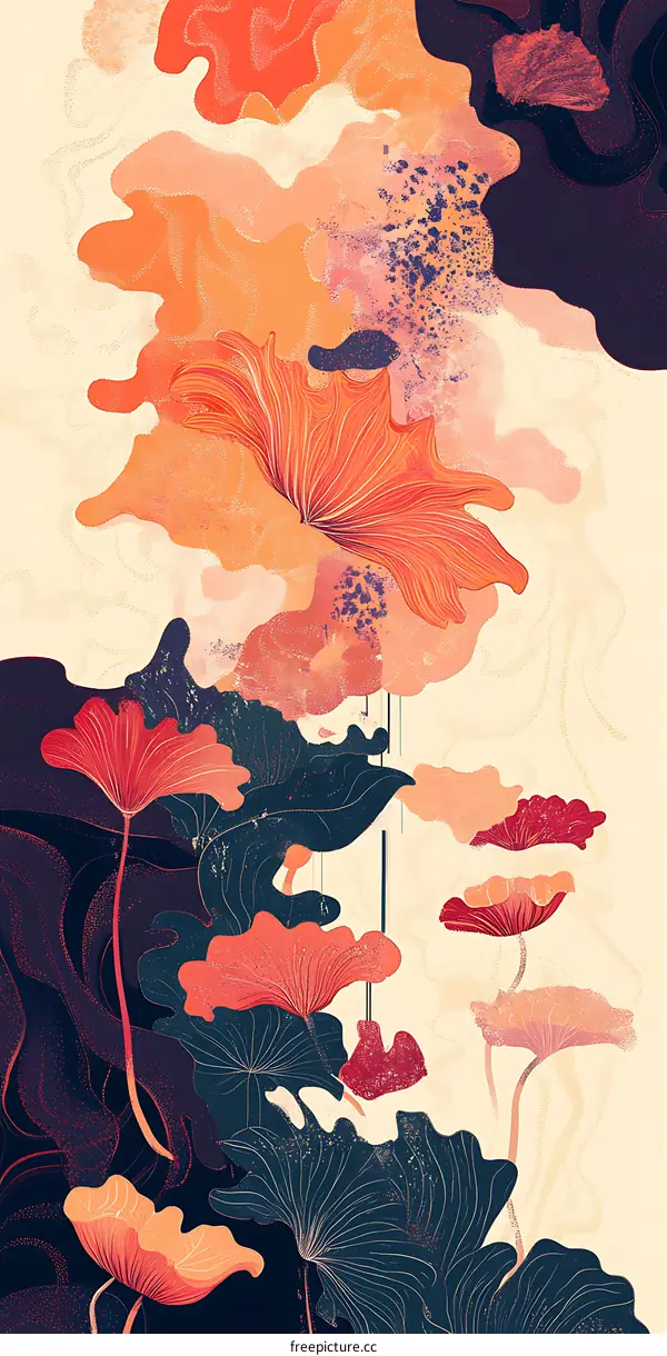 Abstract Watercolor Floral Design With Pink and Orange Flowers