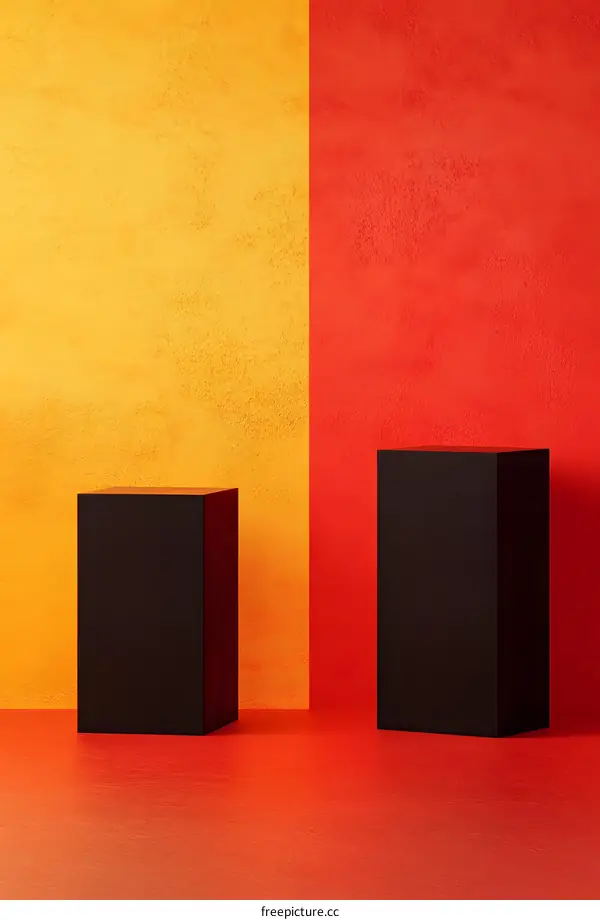 Abstract Minimalist Product Display with Two Black Cubes on Red and Yellow Background