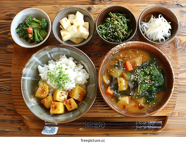 Japanese Cuisine: A Delicious Bowl of Miso Soup with Rice, Vegetables and Tofu