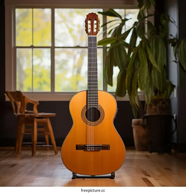A classical guitar sits on a stand in front of a living room window.