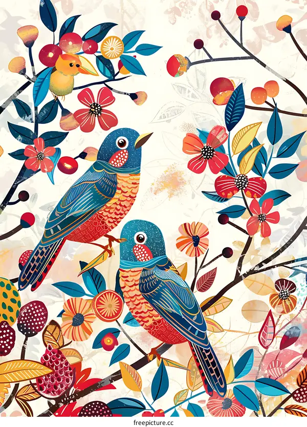 Two Birds Perched On Colorful Branch With Flowers