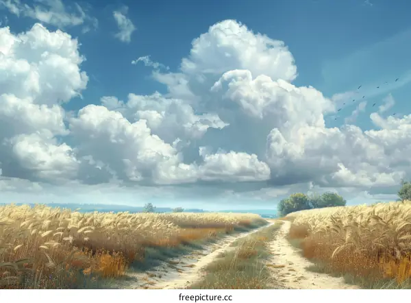 Golden Wheat Field Path Under a Cloudy Sky