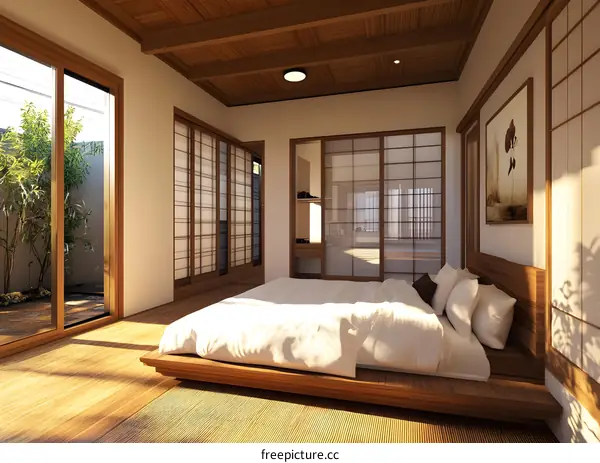 Japanese Style Bedroom with Sliding Doors and Wood Floor