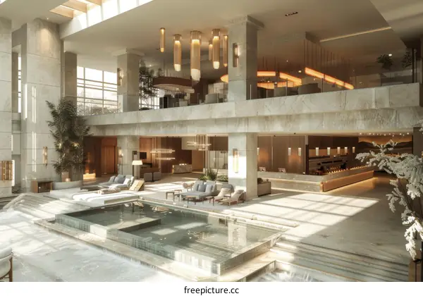 Modern Hotel Lobby with Indoor Pool