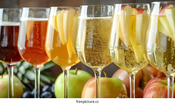 Sparkling Apple Cider with Fresh Apples in Wine Glasses