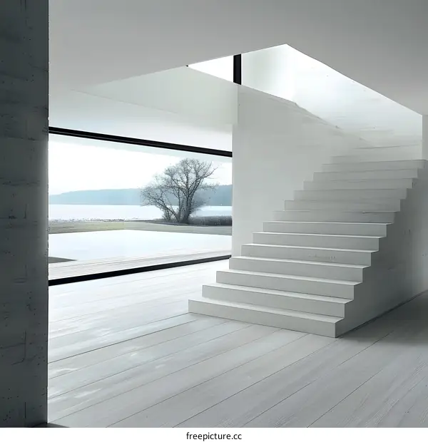 Modern Minimalist Interior Design with White Stairs and Large Window