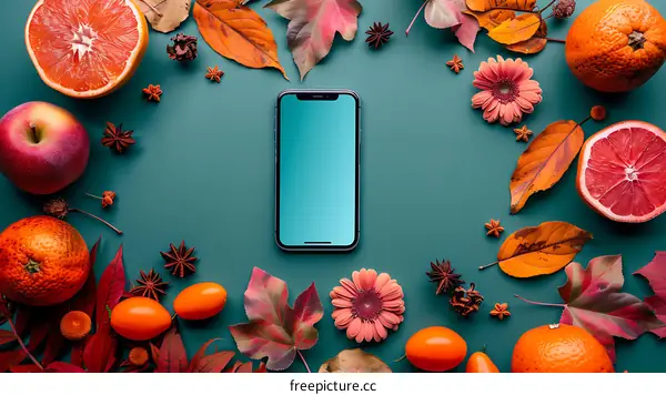 Autumn Smartphone Mockup with Fruits and Leaves