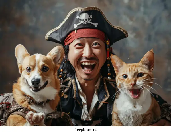 A man wearing a pirate hat with a dog and a cat