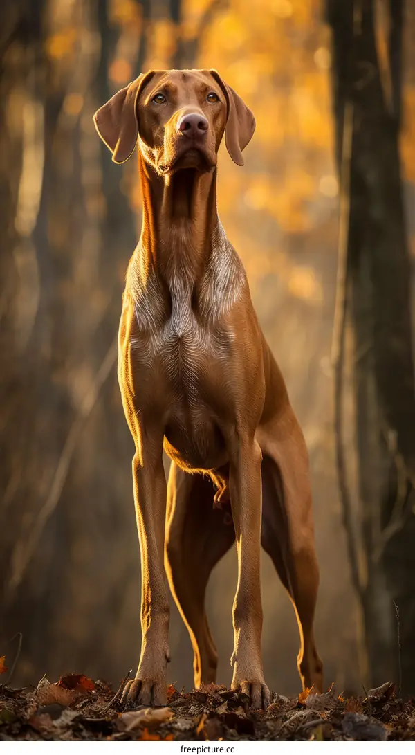 A Vizsla Dog Standing in the Woods