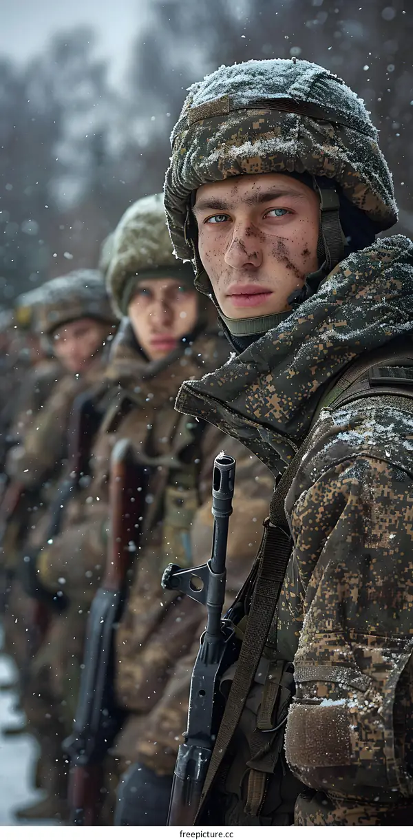 Soldiers in Camouflage Uniforms Standing in the Snow