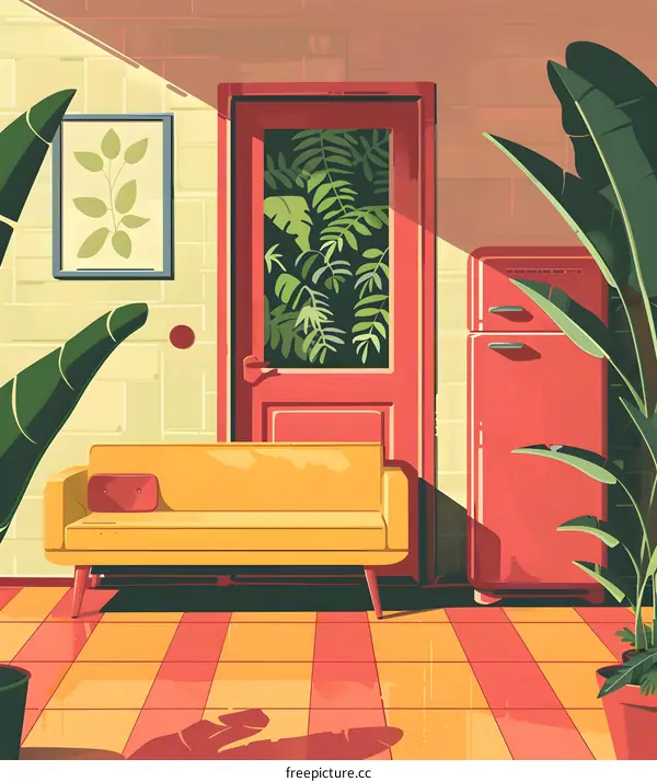 Modern Illustration of a Living Room with Plants, a Sofa and a Red Refrigerator