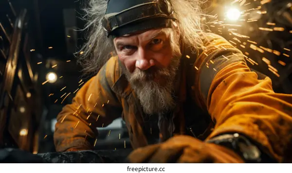 Welding sparks from a bearded man wearing a protective welding mask and cap