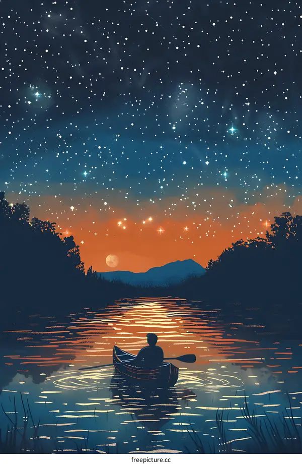 Starry Night Kayaking Lake Silhouette