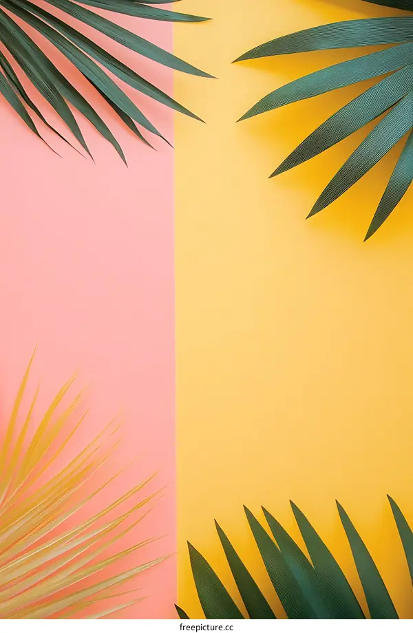 Tropical Palm Leaves on Pink and Yellow Background