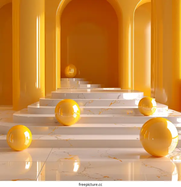 Modern Yellow Marble Stairway with Golden Balls