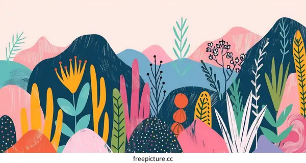 Colorful Abstract Landscape with Flowers and Plants