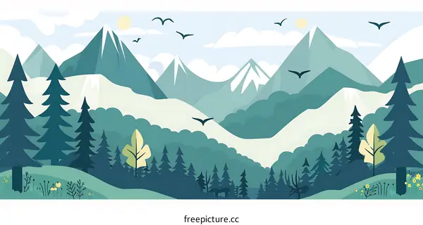 Mountain Landscape Illustration With Birds Flying Over