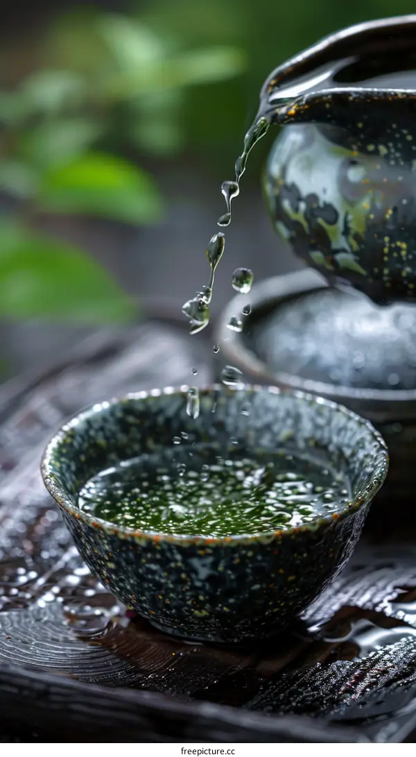 Water being poured from a teapot into a cup