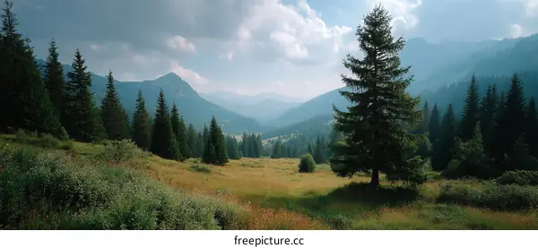 Majestic Mountain Valley with Evergreen Forest